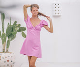 Puff Sleeve Linen Mini Dress with Ruched Bust and Sweetheart Neckline