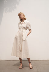 Women's Linen Shirt Midi Dress – Short Sleeve Collared Dress with Waist Tie and Pockets