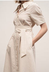 Women's Linen Shirt Midi Dress – Short Sleeve Collared Dress with Waist Tie and Pockets