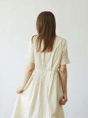 Elegant Pleated Midi Dress In Premium Linen with Pockets and Tailored Half Sleeves