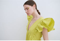 Linen Maxi Dress with Deep V-Neckline and Ruffled Flutter Sleeves