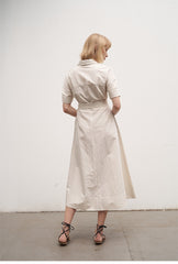 Women's Linen Shirt Midi Dress – Short Sleeve Collared Dress with Waist Tie and Pockets