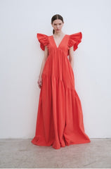 Ruffled Sleeve Linen Maxi Dress with Deep V-Neckline and Tiered Skirt