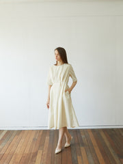 Elegant Pleated Midi Dress In Premium Linen with Pockets and Tailored Half Sleeves