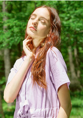 Collared Shirt-Style Linen Dress with Waist Tie and Side Slit Hem