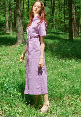 Collared Shirt-Style Linen Dress with Waist Tie and Side Slit Hem
