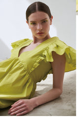 Linen Maxi Dress with Deep V-Neckline and Ruffled Flutter Sleeves