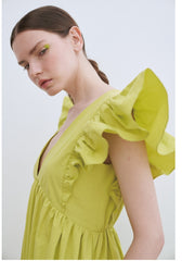 Linen Maxi Dress with Deep V-Neckline and Ruffled Flutter Sleeves