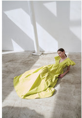 Linen Maxi Dress with Deep V-Neckline and Ruffled Flutter Sleeves