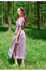 Collared Shirt-Style Linen Dress with Waist Tie and Side Slit Hem