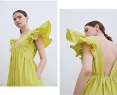 Linen Maxi Dress with Deep V-Neckline and Ruffled Flutter Sleeves