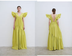 Linen Maxi Dress with Deep V-Neckline and Ruffled Flutter Sleeves