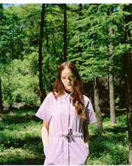 Collared Shirt-Style Linen Dress with Waist Tie and Side Slit Hem