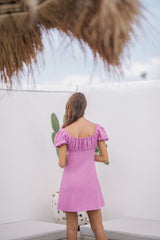 Puff Sleeve Linen Mini Dress with Ruched Bust and Sweetheart Neckline