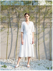 Wrap-Style Linen Midi Dress with Elbow-Length Sleeves and Waist Tie for Feminine Fit