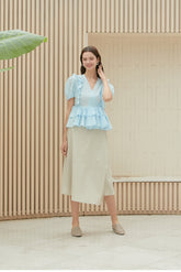 Linen Wrap Blouse with Puff Sleeves and Tiered Ruffles – Feminine Summer Peplum Top