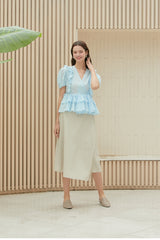 Linen Wrap Blouse with Puff Sleeves and Tiered Ruffles – Feminine Summer Peplum Top