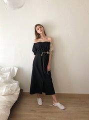 Two-Tone Off-Shoulder Linen Midi Dress with Contrast Puff Sleeves and Adjustable Waist Tie