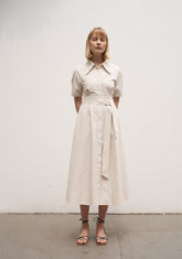 Women's Linen Shirt Midi Dress – Short Sleeve Collared Dress with Waist Tie and Pockets