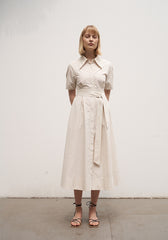 Women's Linen Shirt Midi Dress – Short Sleeve Collared Dress with Waist Tie and Pockets