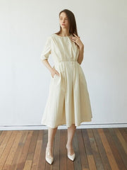 Elegant Pleated Midi Dress In Premium Linen with Pockets and Tailored Half Sleeves