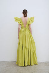 Linen Maxi Dress with Deep V-Neckline and Ruffled Flutter Sleeves