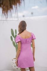 Puff Sleeve Linen Mini Dress with Ruched Bust and Sweetheart Neckline