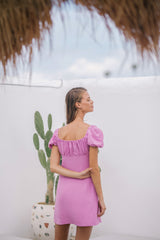 Puff Sleeve Linen Mini Dress with Ruched Bust and Sweetheart Neckline