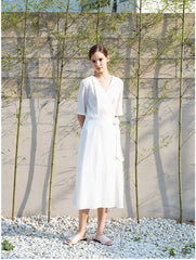 Wrap-Style Linen Midi Dress with Elbow-Length Sleeves and Waist Tie for Feminine Fit