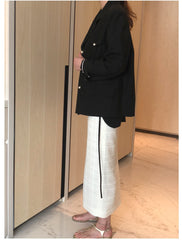 Tailored Double-Breasted Linen Blazer With Pearl Button Accents And Structured Silhouette