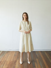 Elegant Pleated Midi Dress In Premium Linen with Pockets and Tailored Half Sleeves