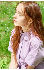 Collared Shirt-Style Linen Dress with Waist Tie and Side Slit Hem