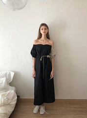 Two-Tone Off-Shoulder Linen Midi Dress with Contrast Puff Sleeves and Adjustable Waist Tie