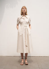 Women's Linen Shirt Midi Dress – Short Sleeve Collared Dress with Waist Tie and Pockets