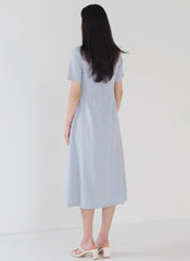 Short-Sleeve Linen Midi Dress With Gathered Waist And Breathable Fabric For Everyday Elegance