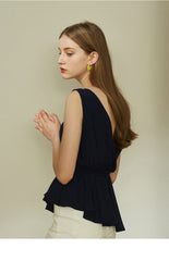 V-Neck Sleeveless Linen Blouse with Waist Tie and Flared Hem for Effortless Summer Chic