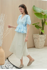 Linen Wrap Blouse with Puff Sleeves and Tiered Ruffles – Feminine Summer Peplum Top