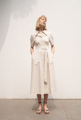 Women's Linen Shirt Midi Dress – Short Sleeve Collared Dress with Waist Tie and Pockets