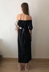 Two-Tone Off-Shoulder Linen Midi Dress with Contrast Puff Sleeves and Adjustable Waist Tie