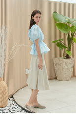 Linen Wrap Blouse with Puff Sleeves and Tiered Ruffles – Feminine Summer Peplum Top