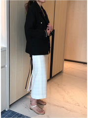 Tailored Double-Breasted Linen Blazer With Pearl Button Accents And Structured Silhouette