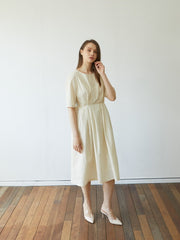 Elegant Pleated Midi Dress In Premium Linen with Pockets and Tailored Half Sleeves