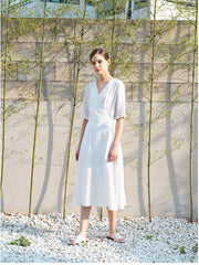 Wrap-Style Linen Midi Dress with Elbow-Length Sleeves and Waist Tie for Feminine Fit