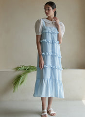 Sleeveless Cotton Dress with Tiered Ruffles and Relaxed Midi Silhouette, Lightweight Summer Fabric