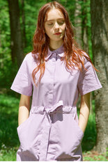 Collared Shirt-Style Linen Dress with Waist Tie and Side Slit Hem