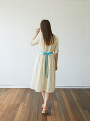 Elegant Pleated Midi Dress In Premium Linen with Pockets and Tailored Half Sleeves