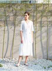Wrap-Style Linen Midi Dress with Elbow-Length Sleeves and Waist Tie for Feminine Fit