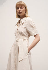 Women's Linen Shirt Midi Dress – Short Sleeve Collared Dress with Waist Tie and Pockets