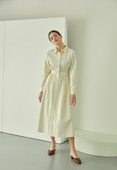 Cotton Poplin Midi Shirt Dress with Long Sleeves, Fitted Waist, and Button-Down Front