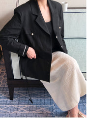 Tailored Double-Breasted Linen Blazer With Pearl Button Accents And Structured Silhouette